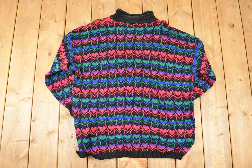 Vintage 1990s Stefano International AOP Rainbow Hearts Knit Crewneck Sweater Womens XL