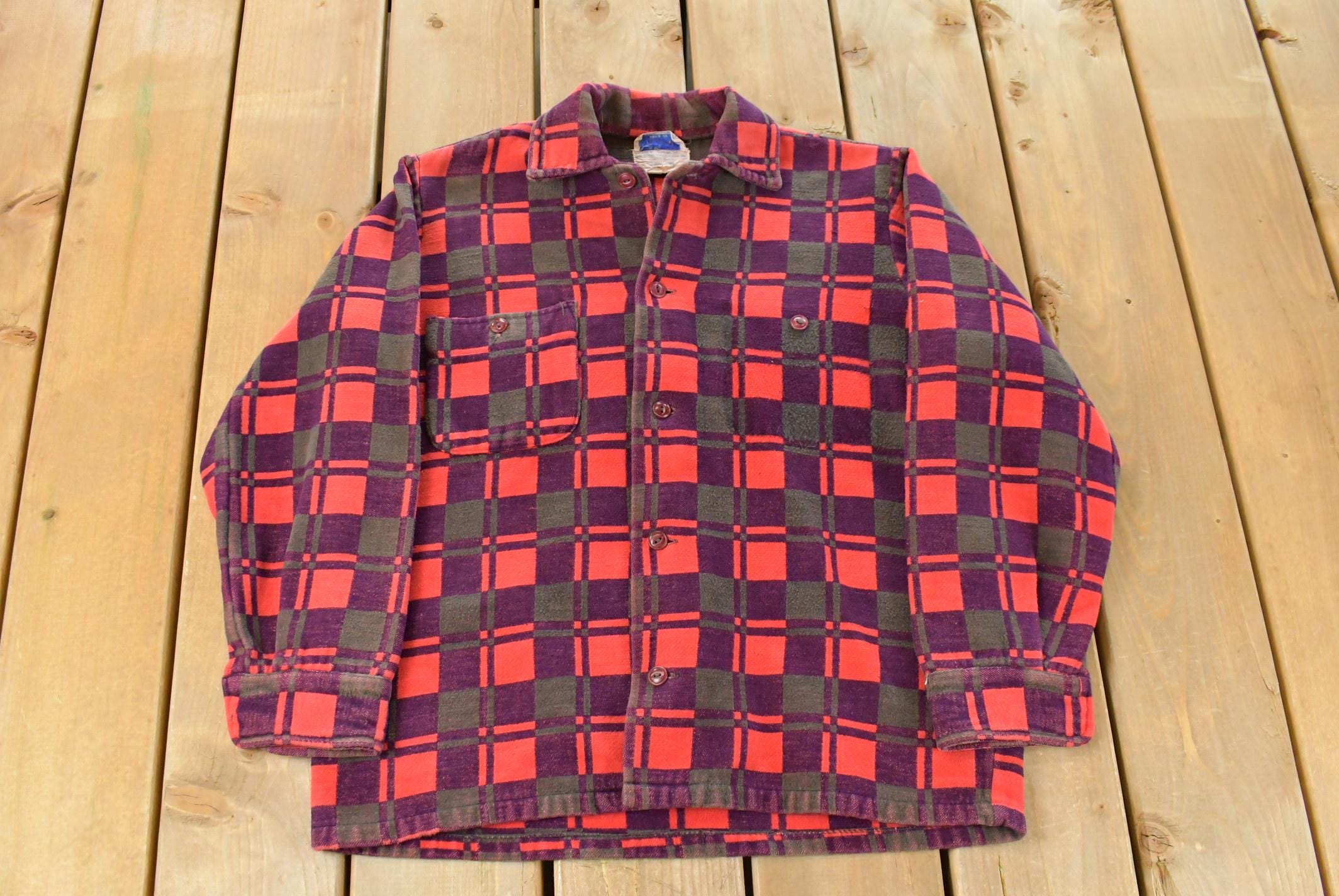 Vintage 1960s Champion Button Up Plaid Flannel Trucker Shirt Men's Small