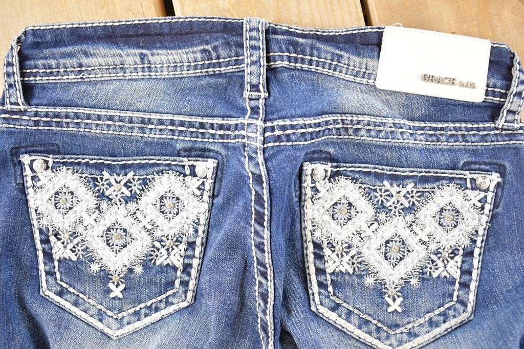 Vintage Deadstock Y2K Grace In LA Bedazzled Low Rise Jeans Women's Size 27 x 32
