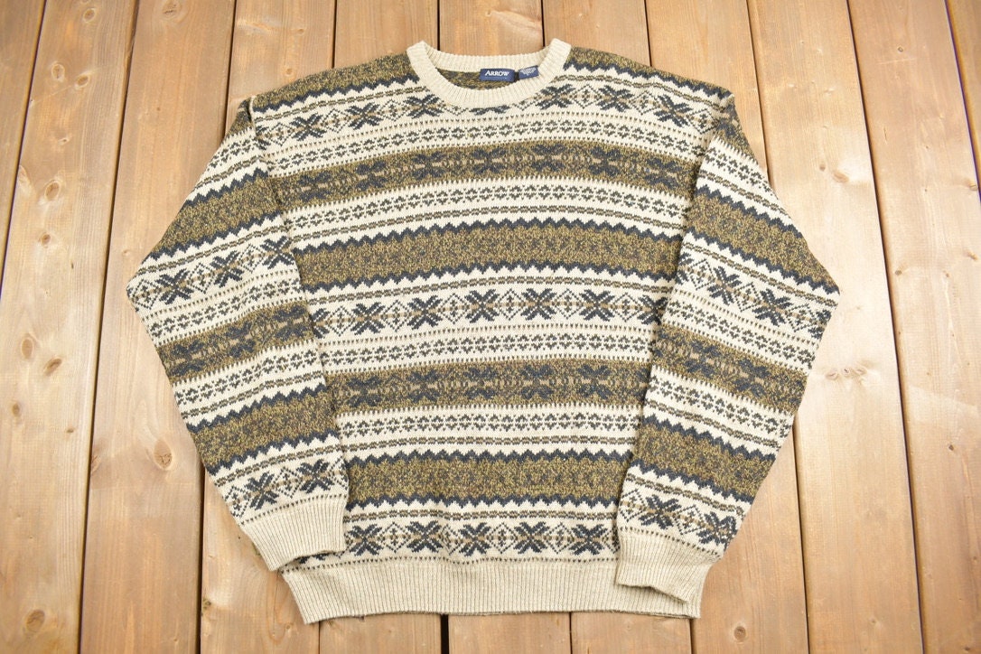 Vintage 1990s Arrow Striped Knit Crewneck Sweater /