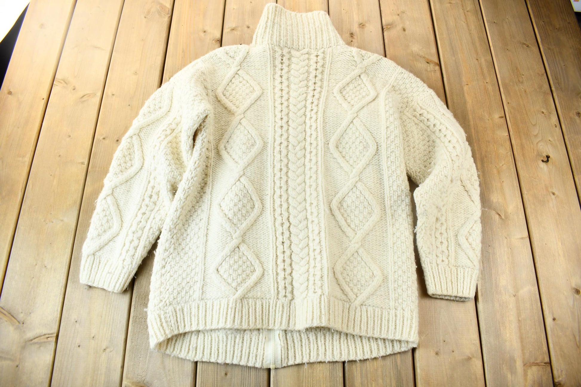 Vintage 1990s 3D Cable Knit Zip Up Hoodie / Wool Sweater / Vintage Cable Knit / Abstract Knit