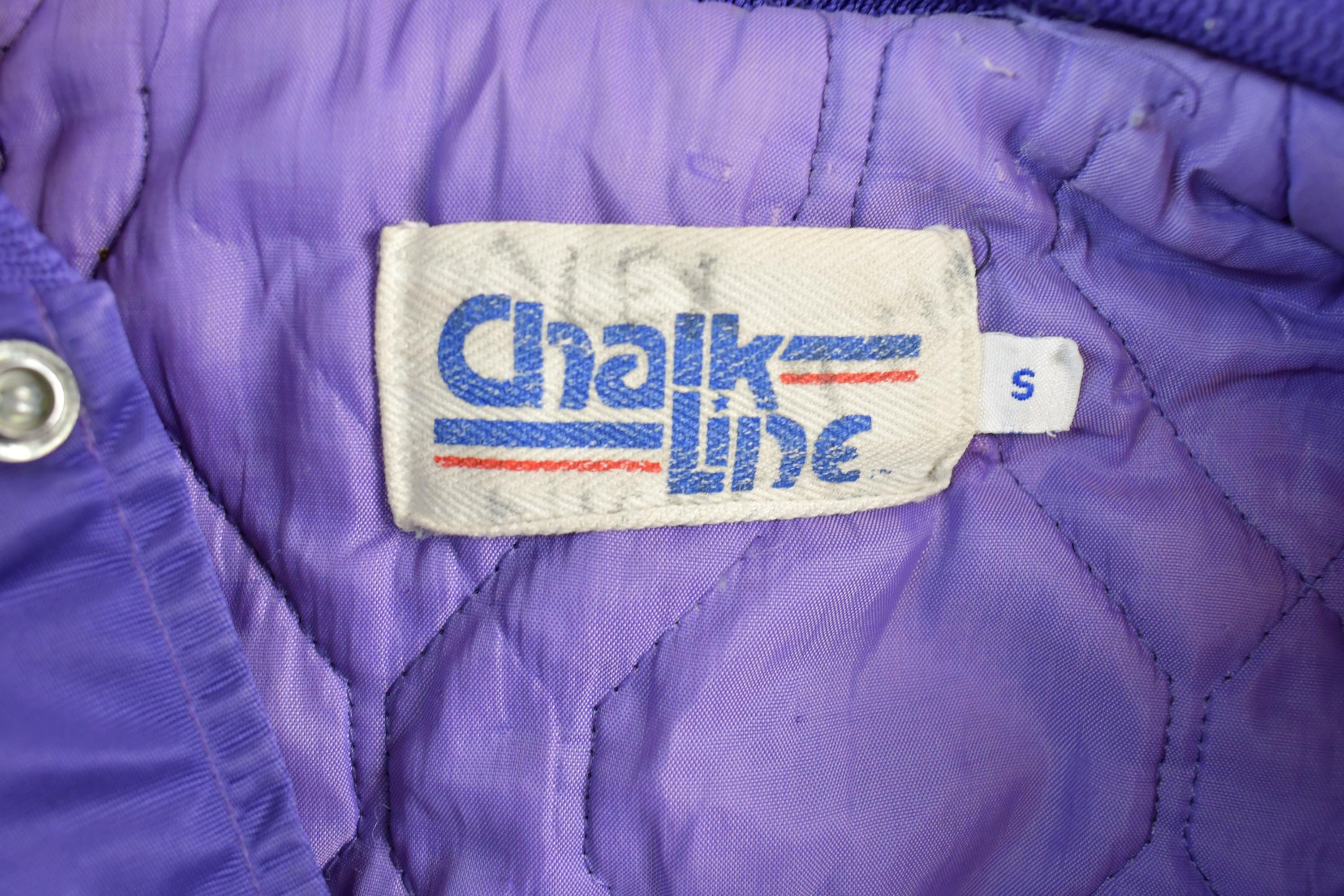 Vintage 1980s Minnesota Vikings Team NFL Football Chalk Line Satin Button Up Bomber Embroidered Puffer Jacket