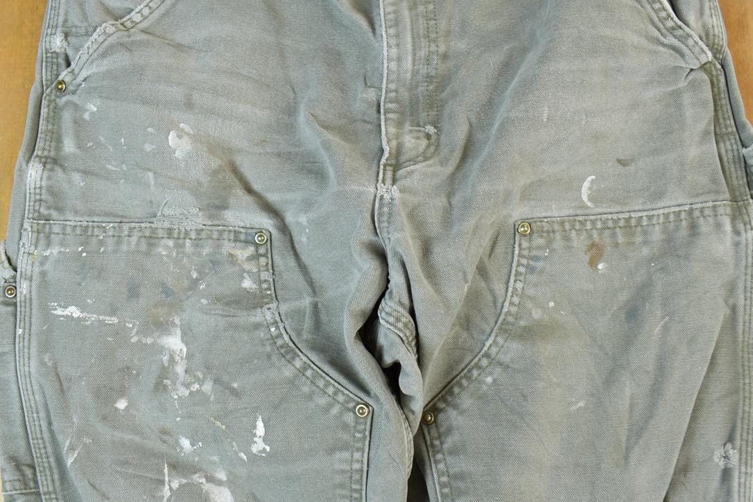Vintage 1990s Carhartt Double Knee Olive Grey Denim Riveted Work Pants Size 33 x 34