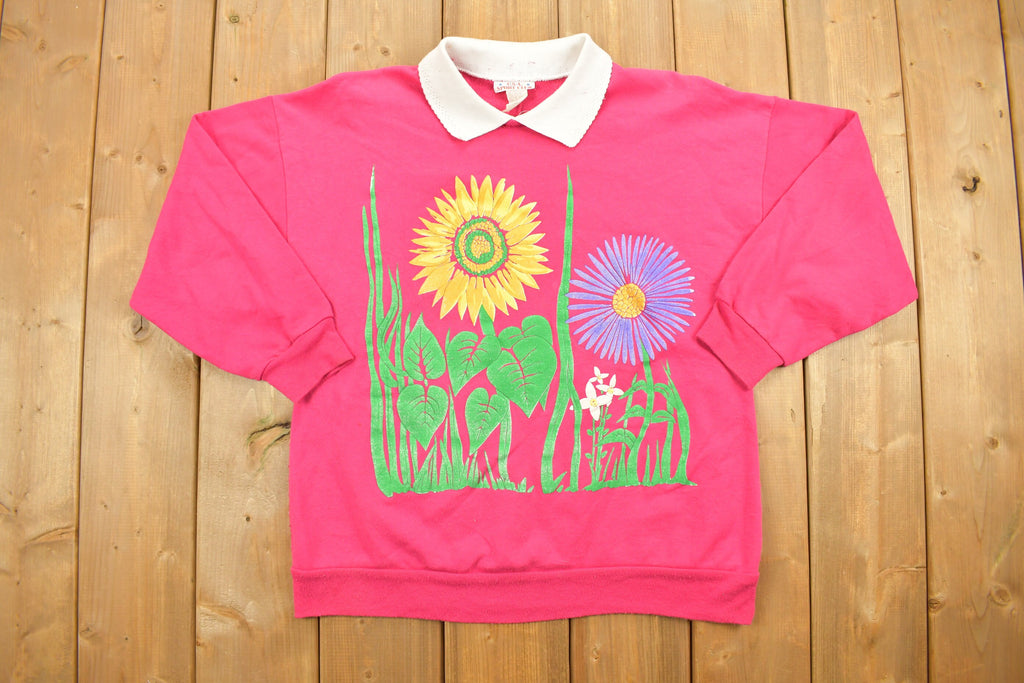 1990 Vintage Floral Neon Sunflower Pink Double Collar Crewneck