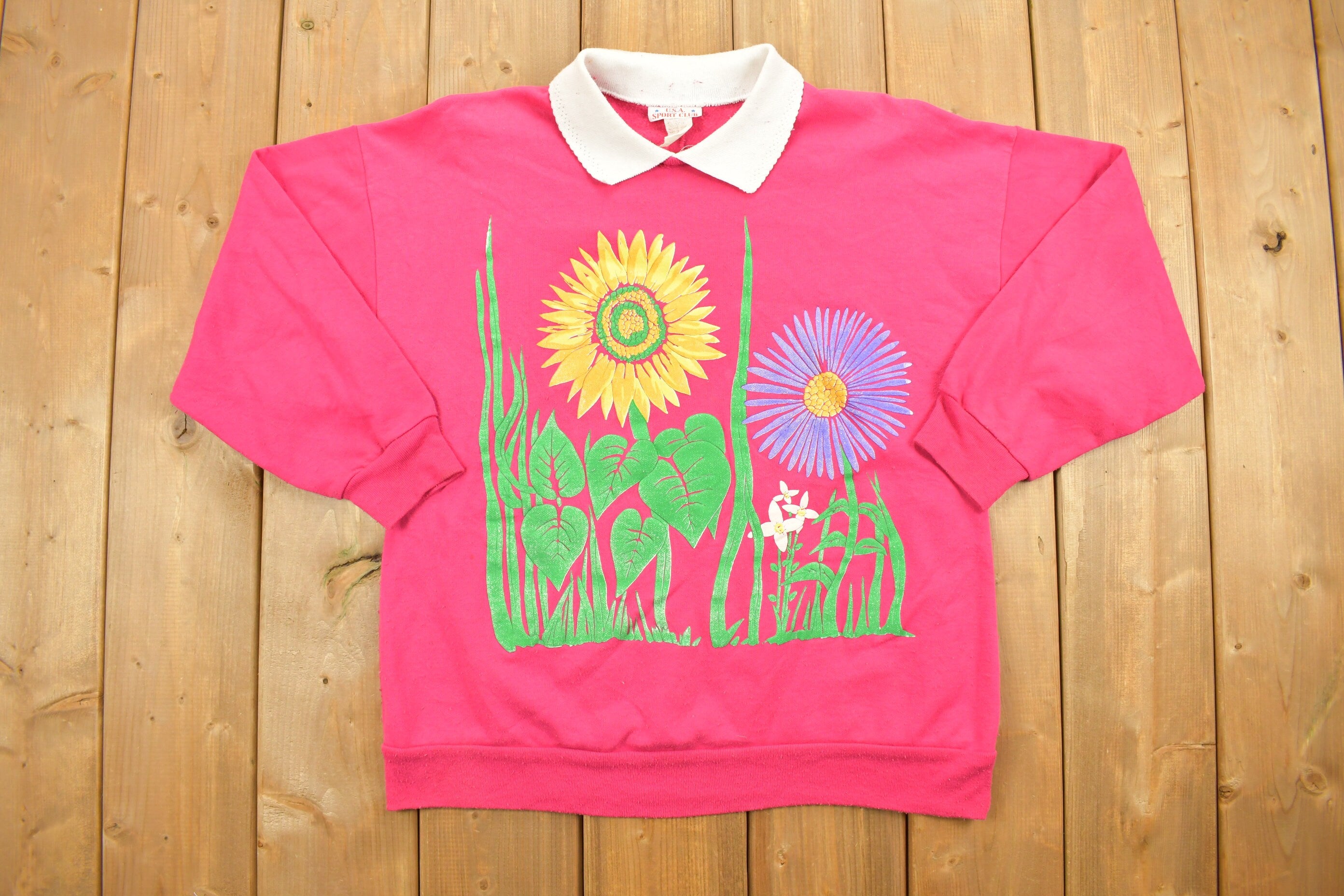 1990 Vintage Floral Neon Sunflower Pink Double Collar Crewneck