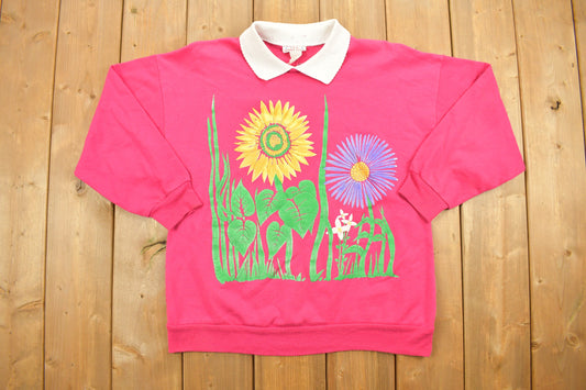 1990 Vintage Floral Neon Sunflower Pink Double Collar Crewneck / Nature Print / Wilderness Pullover Sweatshirt Graphic / Made In USA