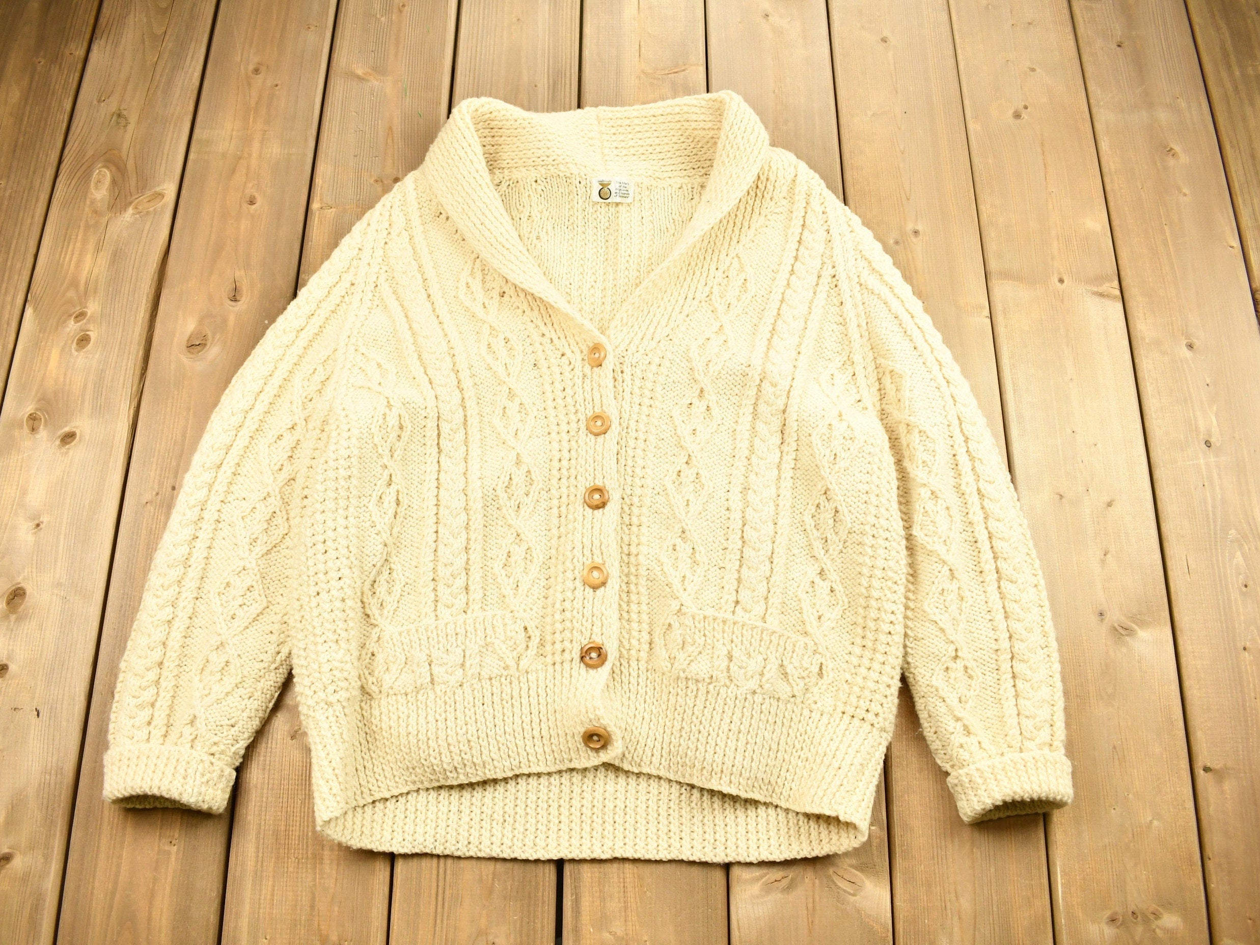 Vintage 1980s Scottish Craft Made 3D Cable Knit Button Up Sweater