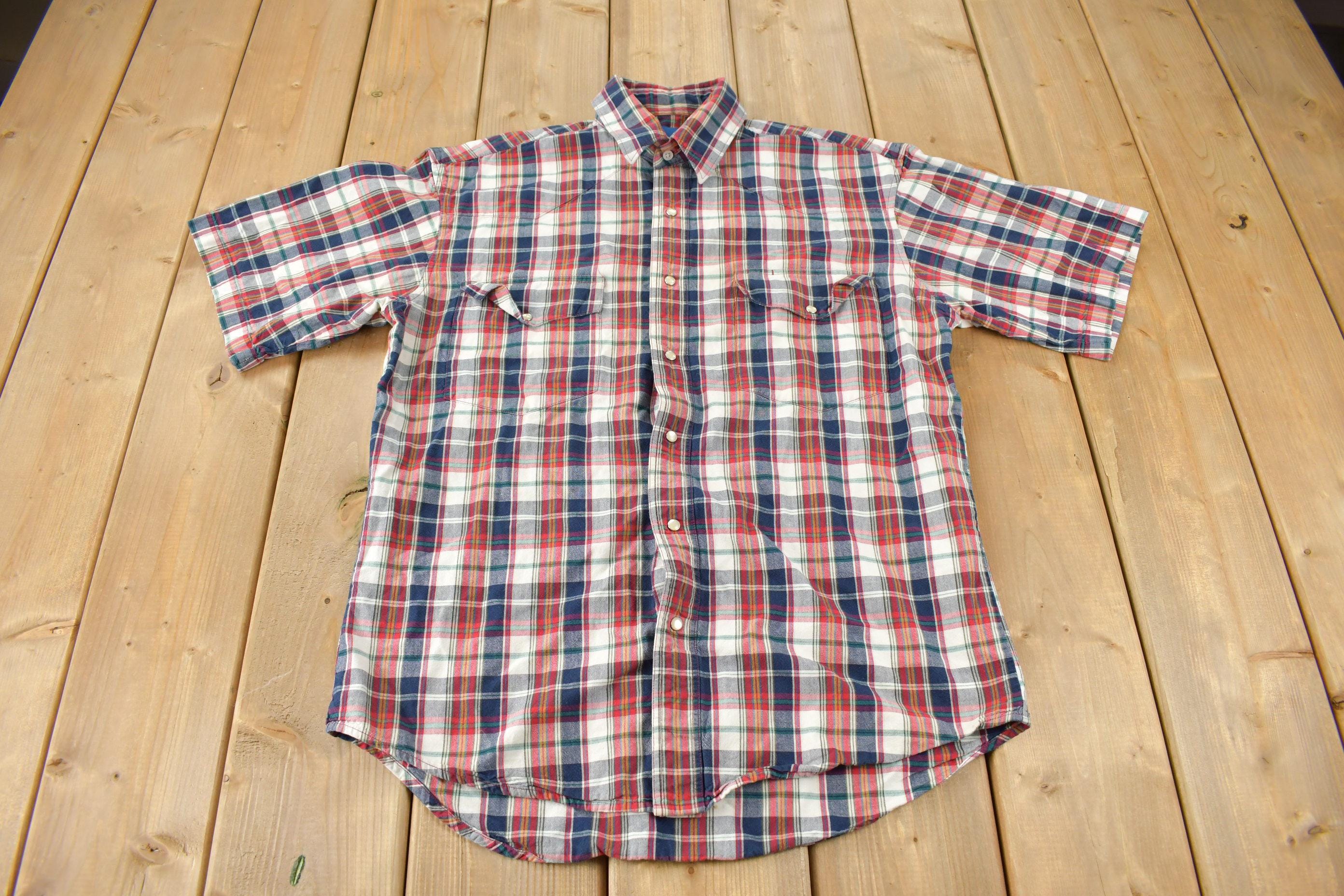 Vintage 1990s Wrangler Western Shirts Pearl Snap Short Sleeve Plaid Button Up Shirt Size M-L