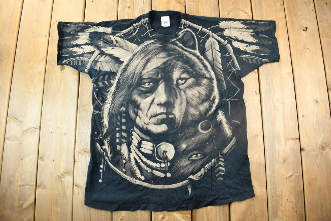 Vintage 1996 Liquid Blue Native American Graphic All Over Print T Shirt Size XL