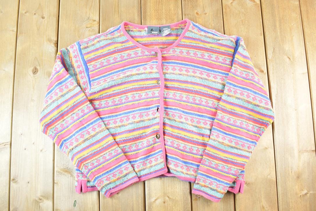 Vintage 1990s Liz Wear Mohair Knit Abstract Pattern Button Up Crewneck Sweater Womens M