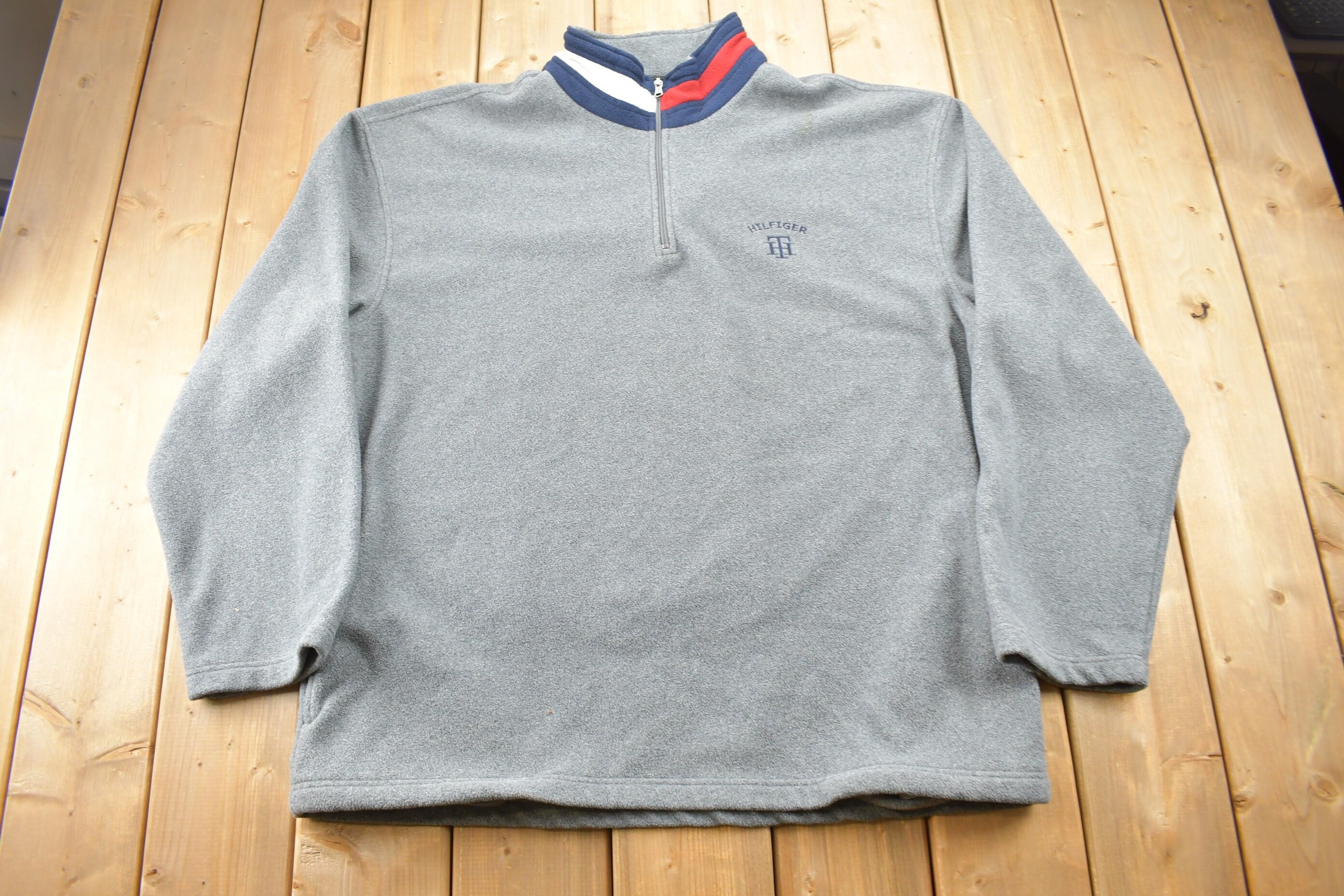 Vintage 1990s Tommy Hilfiger Flag Collar Quarter Zip Fleece Sweater  Vintage Tommy  90s Sweater  Streetwear  Athleisure  Hilfiger