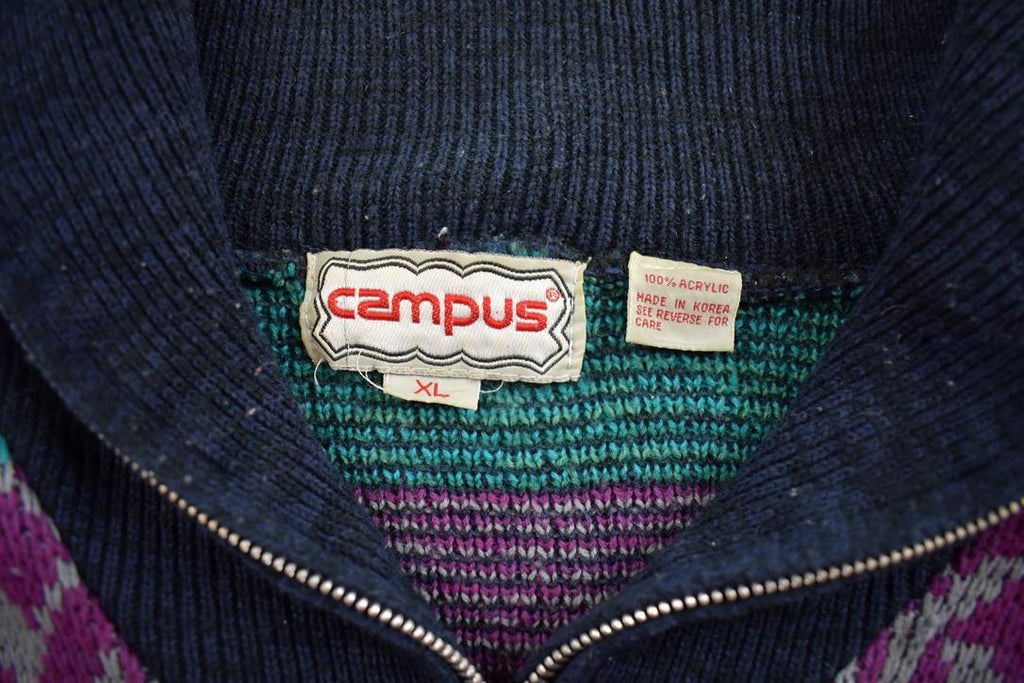 Vintage 1990s Campus Colourful Abstract Pattern Knit Zip Up Sweater