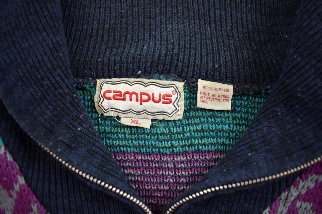 Vintage 1990s Campus Colourful Abstract Pattern Knit Zip Up Sweater