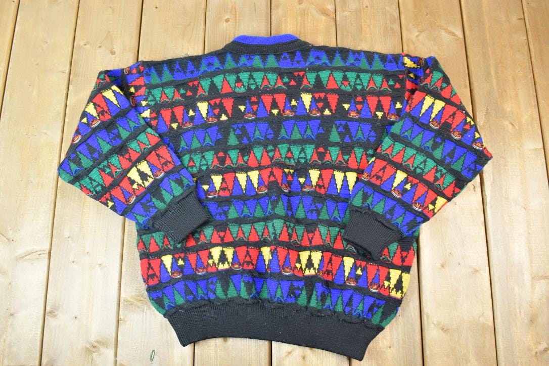Vintage 1990s Coogi Colorful Made In Australia 3D knit 100% Cotton Abstract Pattern Crewneck Sweater