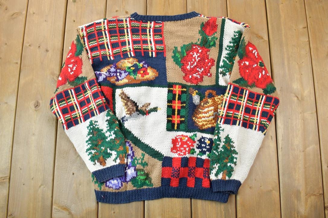 Vintage 1991 The Eagles Eye Hand Knit Button Up Knit Christmas Sweater