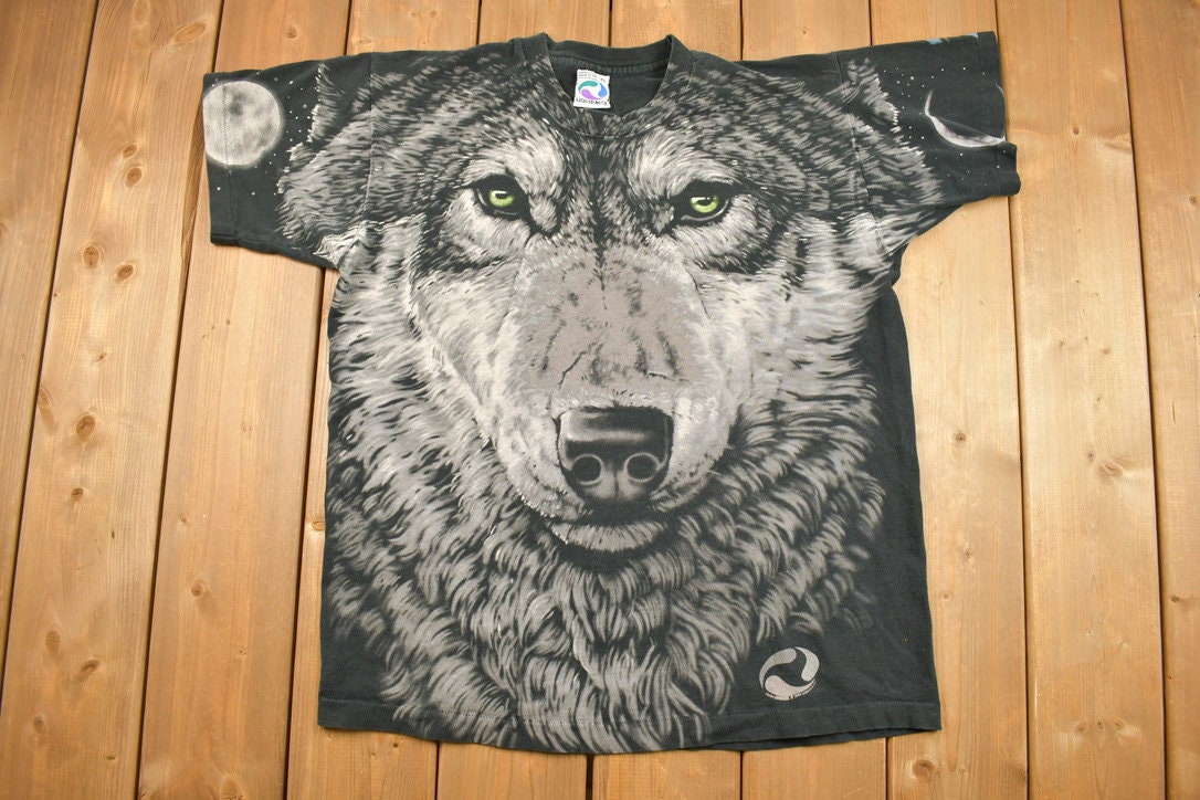 Vintage 1994 Liquid Blue Wolf All Over Print Graphic T-Shirt