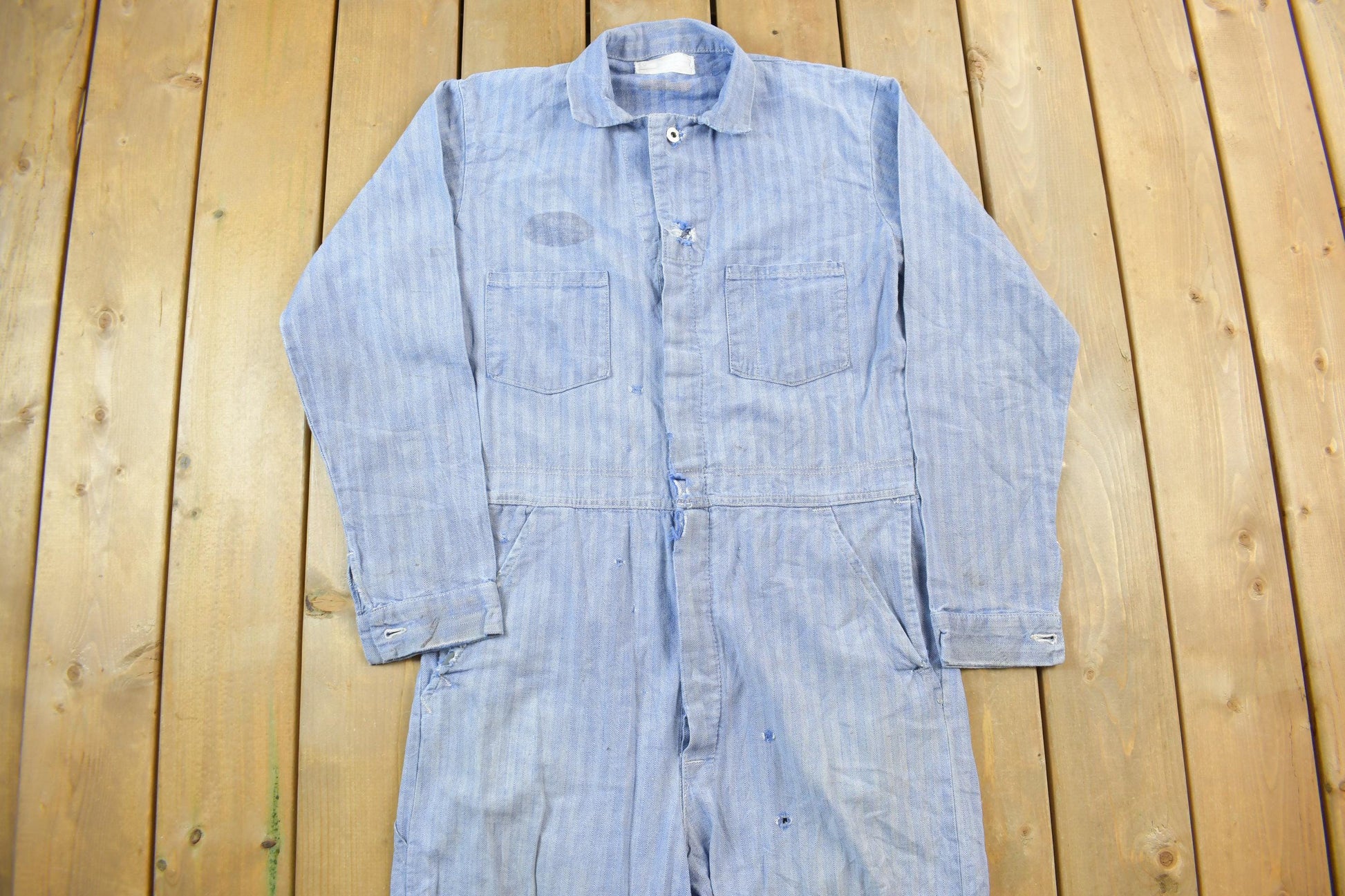 Vintage 1980s Distressed Hickory Striped Denim Coveralls Size 40