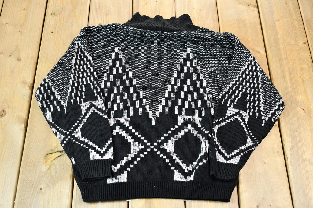 Vintage 1990s Fortune Knits Black and White Abstract Patterned Knit Turtleneck Sweater