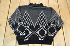 Vintage 1990s Fortune Knits Black and White Abstract Patterned Knit Turtleneck Sweater
