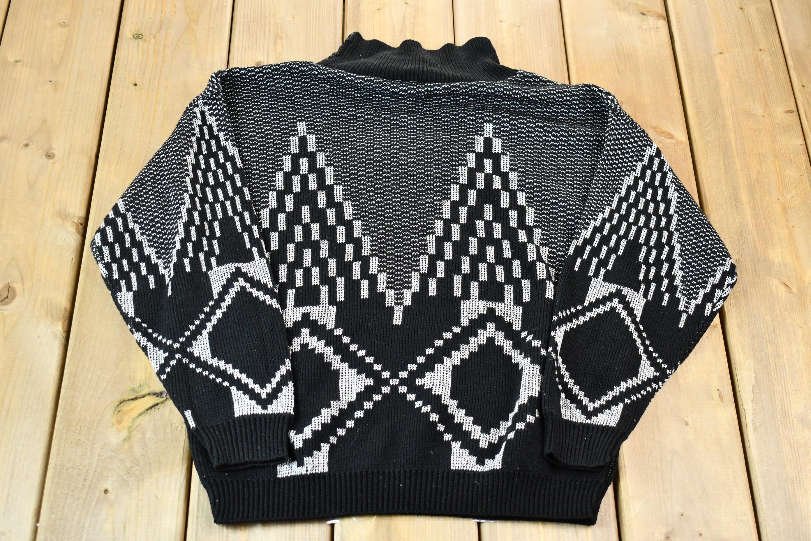 Vintage 1990s Fortune Knits Black and White Abstract Patterned Knit Turtleneck Sweater