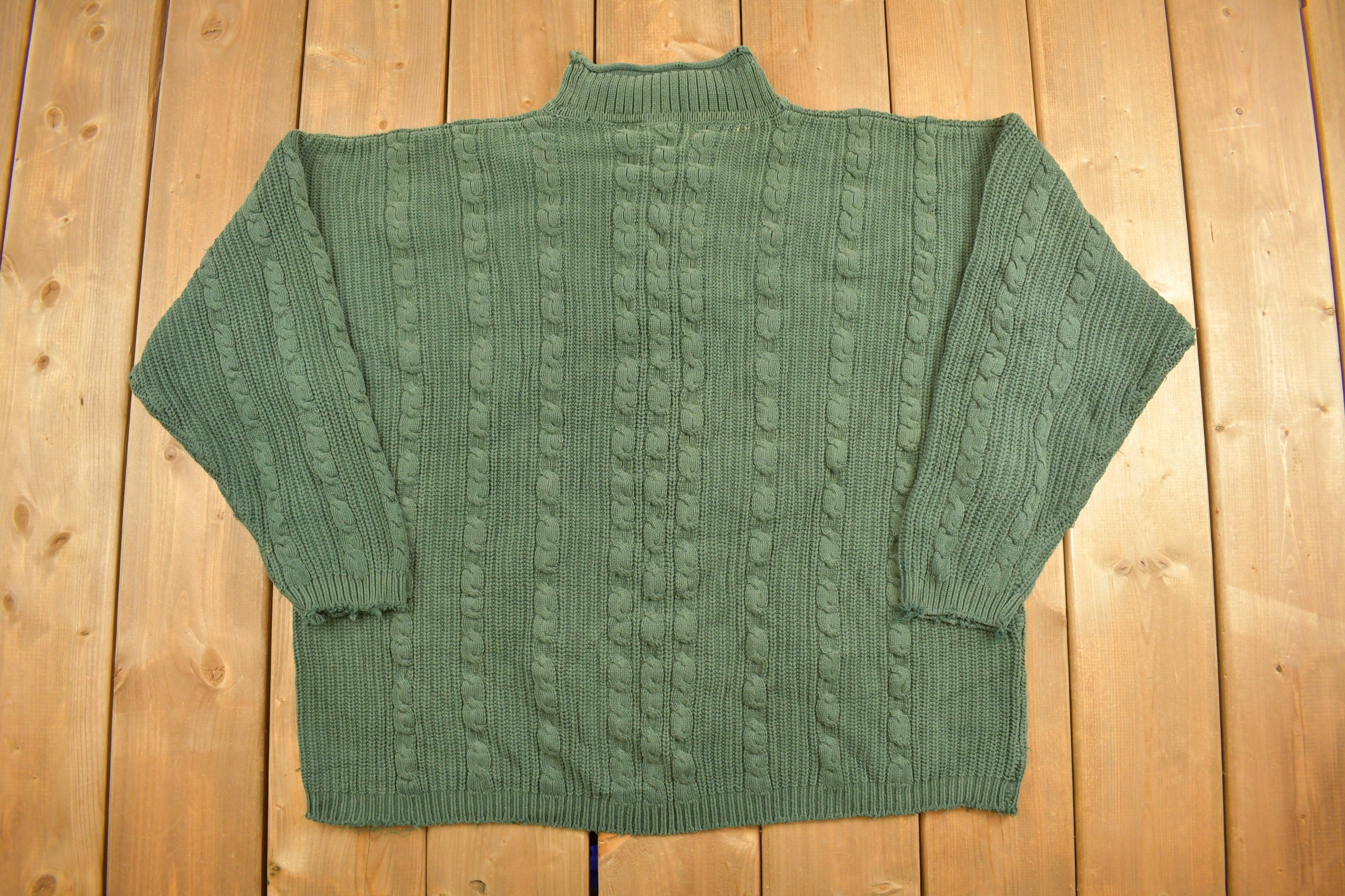 Vintage 1990s Forest Green Cable Knit Crewneck Sweater