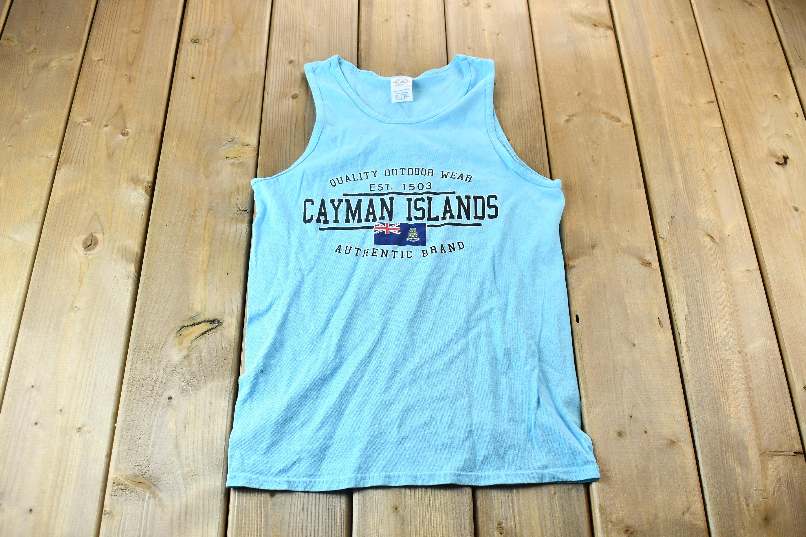 Vintage 1990s Baby Blue Quality Outdoor Wear Cayman Islands Souvenir Travel Graphic Tank Top