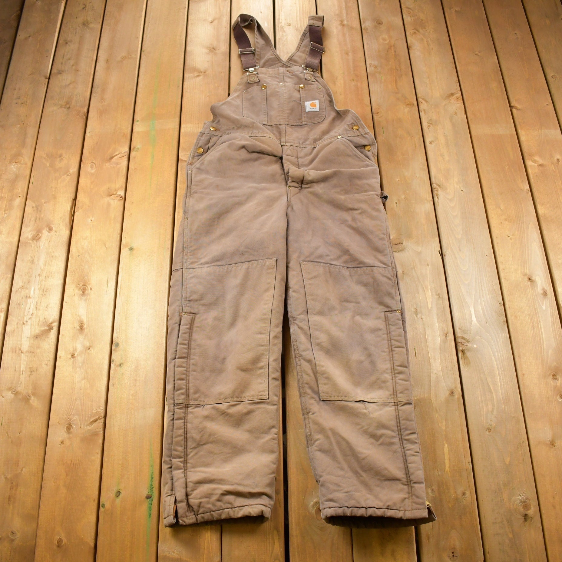 Vintage 1990s Carhartt Brown Double Knee Canvas Quilted Overalls Size 36 x 28