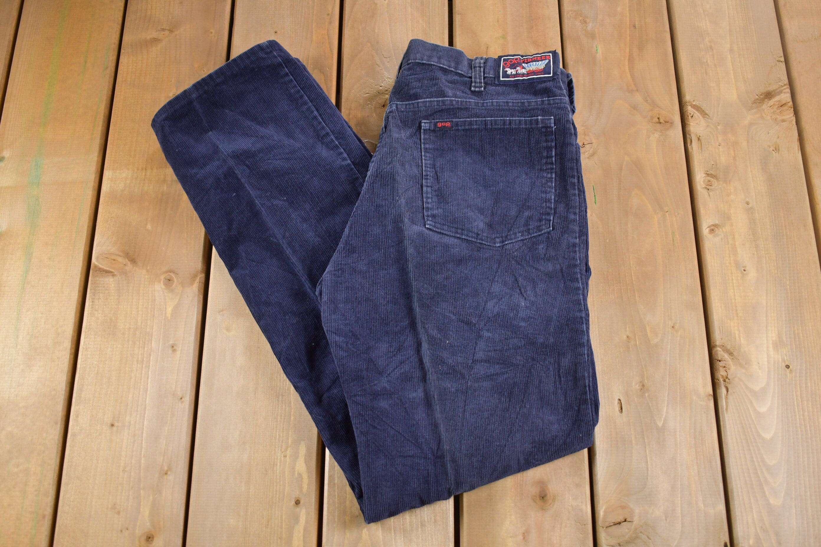 Vintage 1970s Gap Pioneer Navy Blue Corduroy Trousers Size 32 x 32