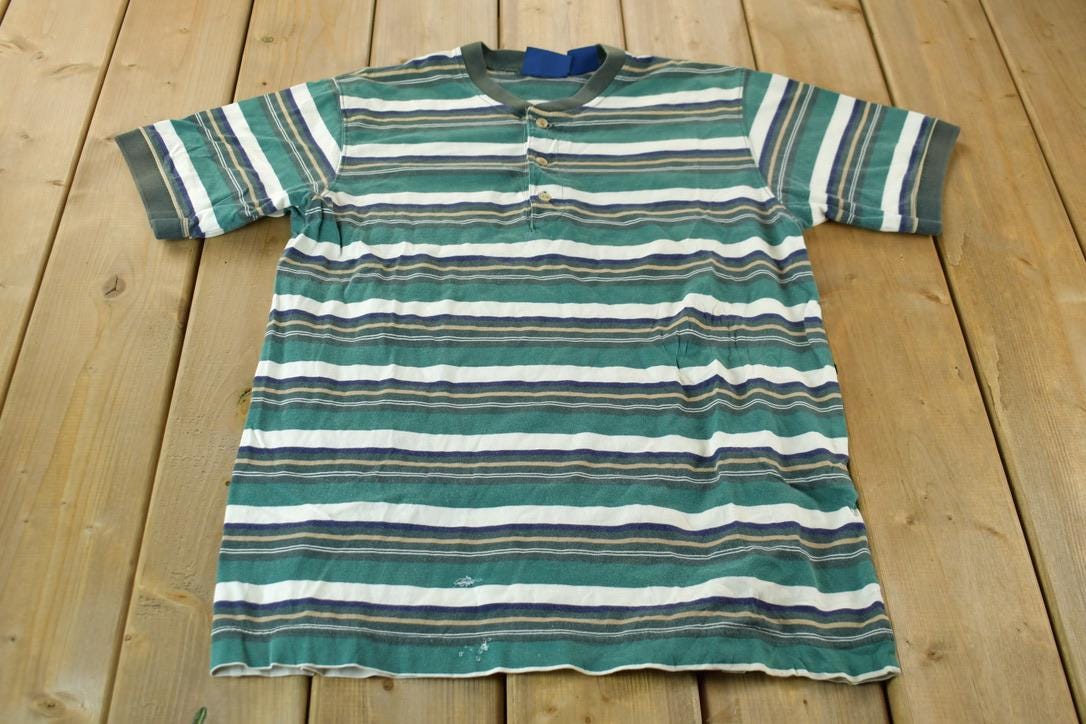 Vintage 1990s Towncraft Horizontal Striped Short Sleeve Henley Graphic T-Shirt