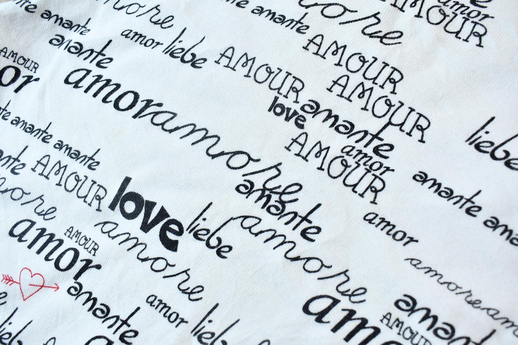 Vintage 1990s Chico's Design Ribbed Long Sleeve All-Over-Print Languages of Love Graphic T-Shirt