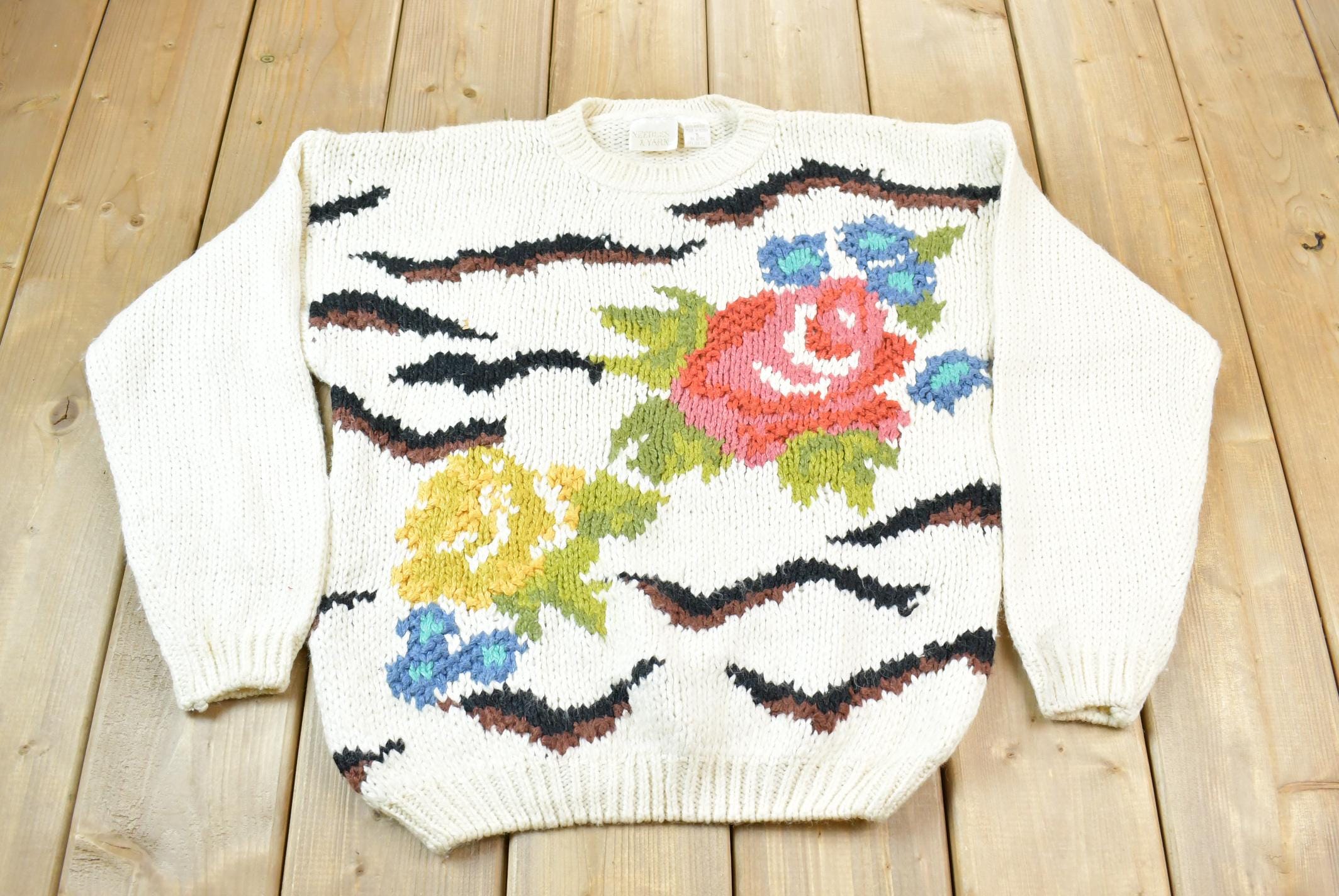 Vintage 1990s Needles & Yarn Floral Embroidered Knitted Sweater