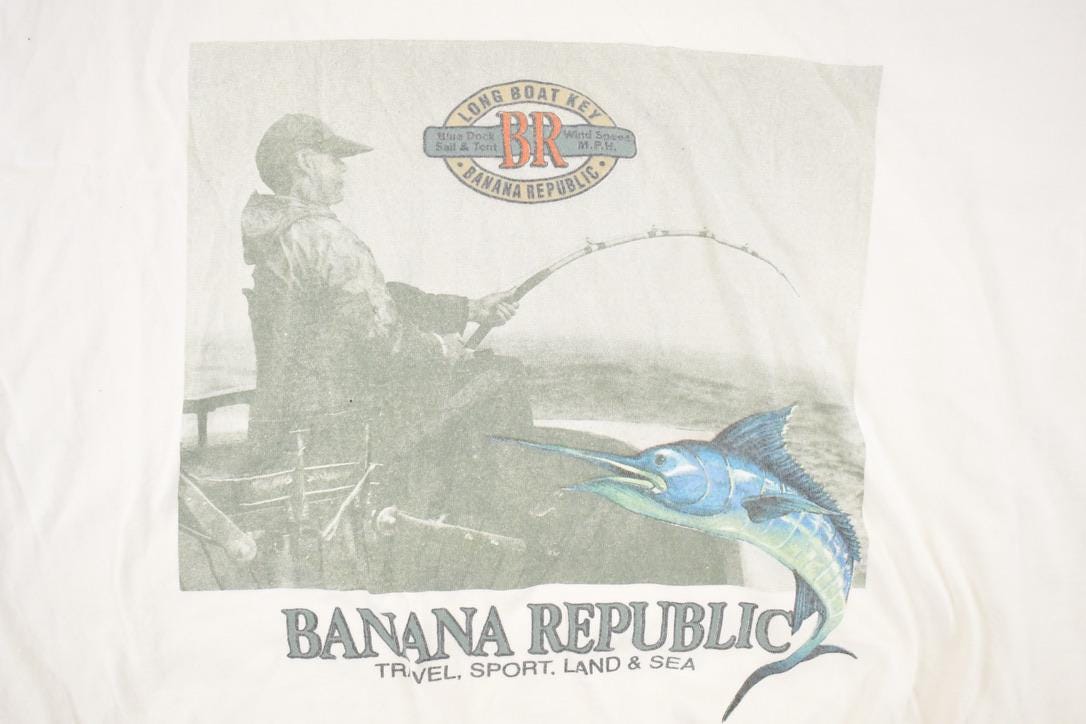 Vintage 1990s Banana Republic Graphic Print Souvenir Fishing T-Shirt Men's L