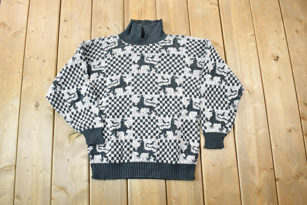 Vintage 1990s Dragon Pattern Knit Collared Sweater  90s Crewneck  Made In USA  Preppy Knit