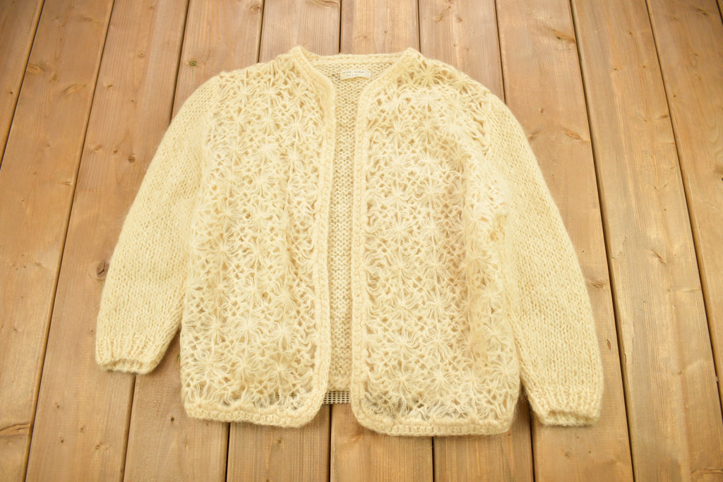 Vintage 1970s Crochet Knitted Open Shall Wool Cardigan Sweater