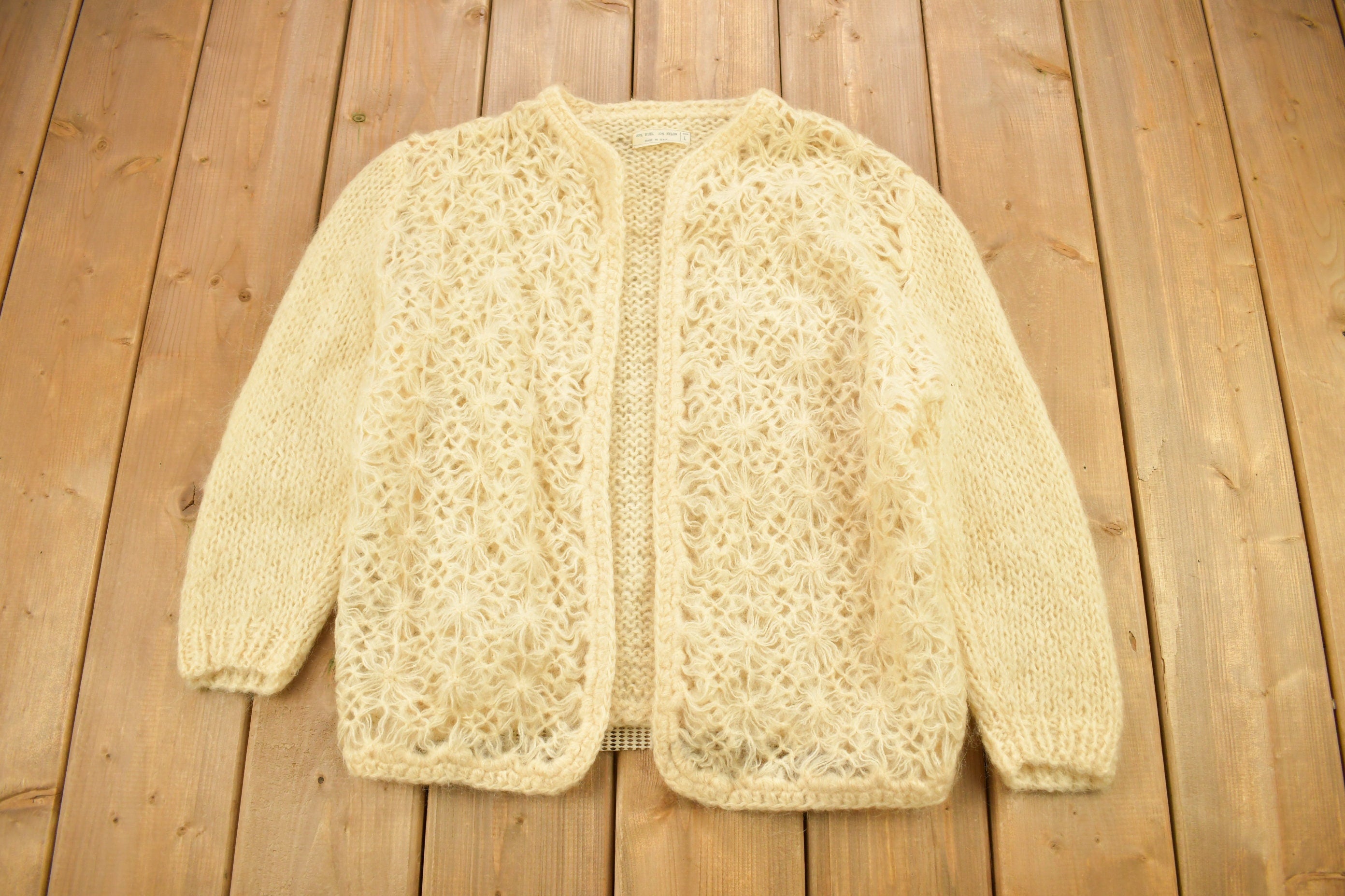 Vintage 1970s Crochet Knitted Open Shall Wool Cardigan Sweater