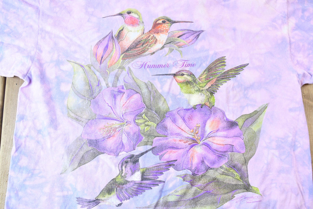 Vintage 1990s Polar Graphics USA Tie Dye Hummingbird and Flower Scene Graphic T-Shirt