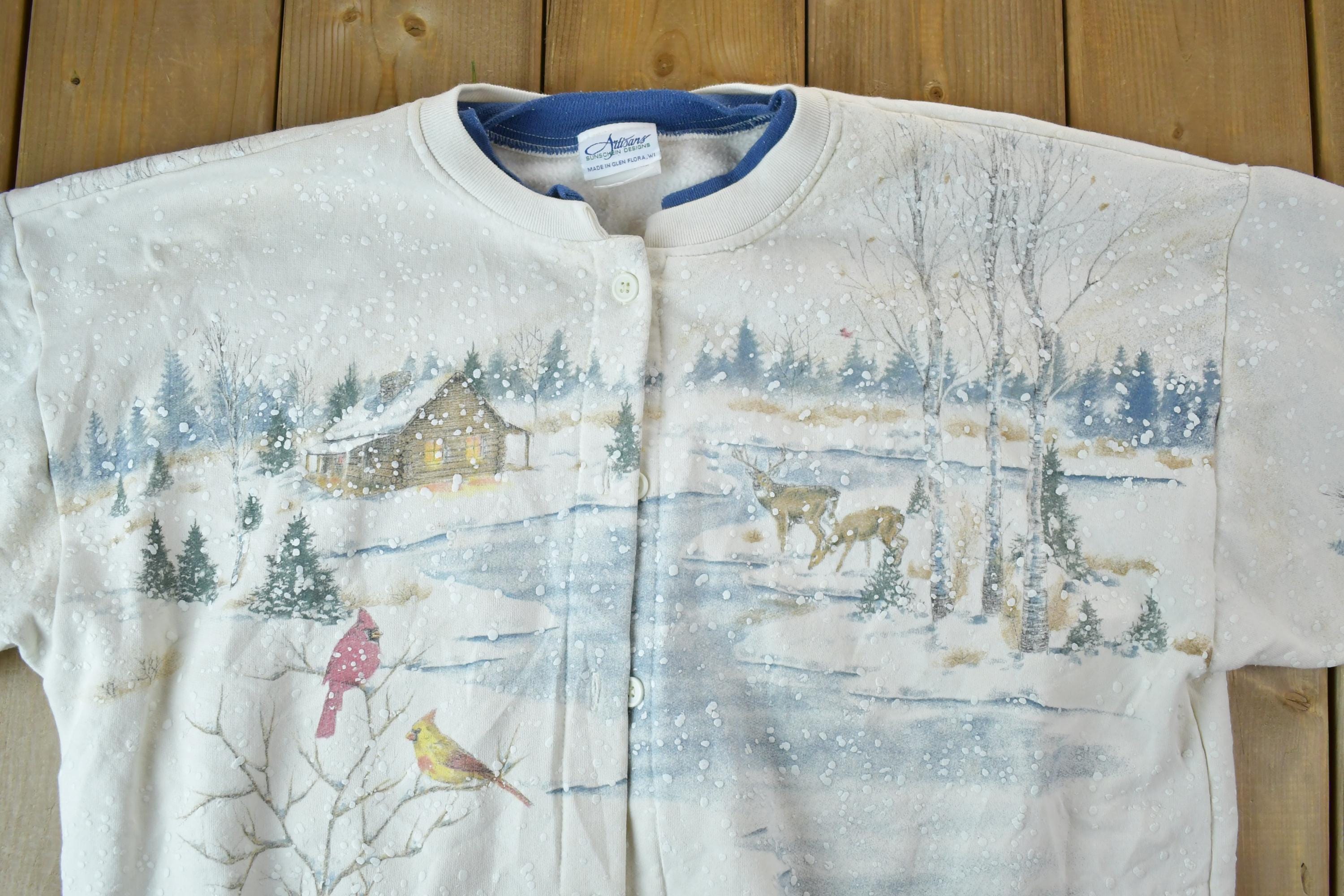 Vintage 1990s Artisans All Over Print Winter Theme Button Up Crewneck