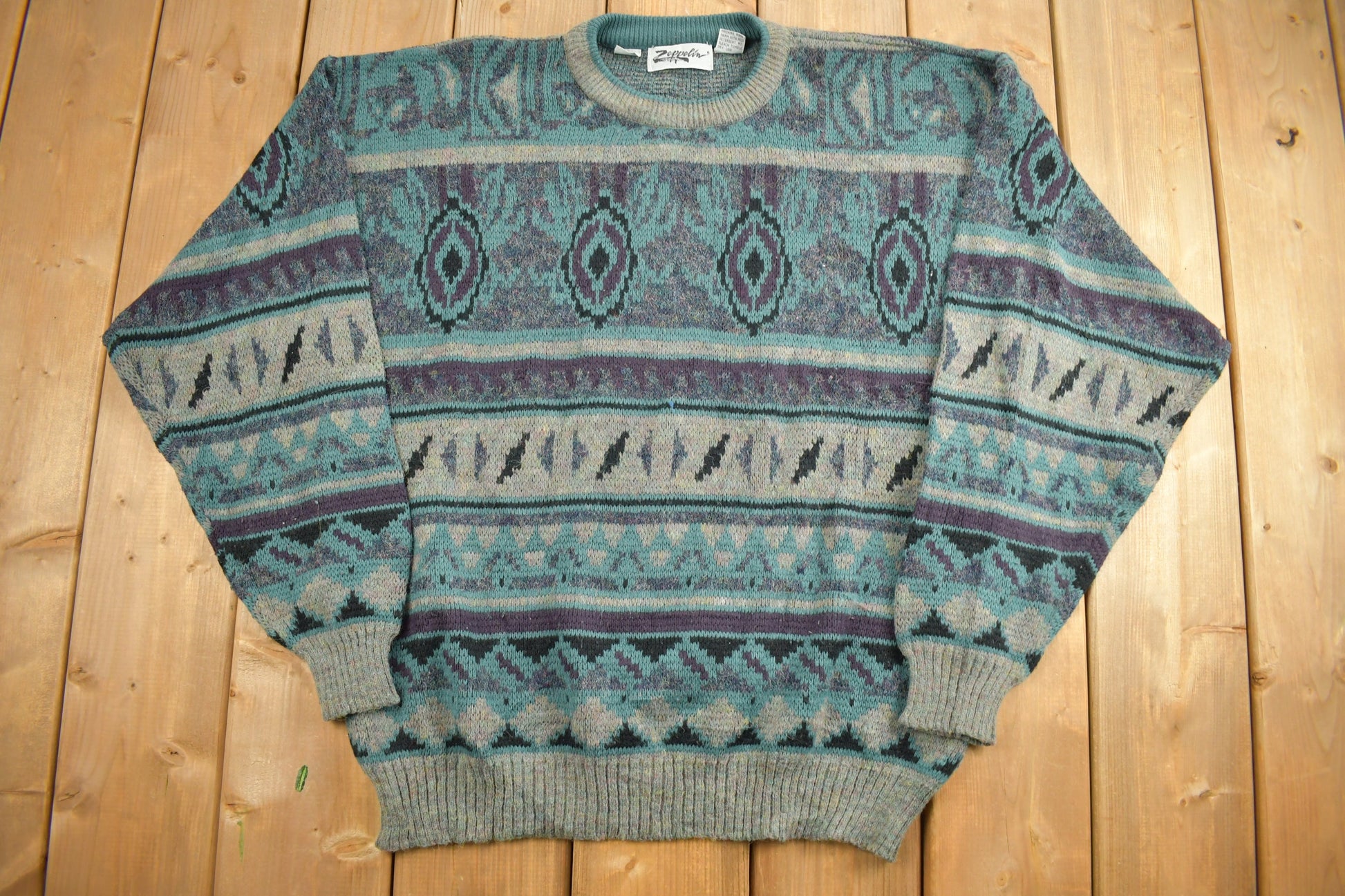 Vintage 1990s Abstract Knit Crewneck Sweater / Vintage 90s Crewneck / All Over Pattern / Colorful Sweatshirt / Abstract Pattern / Zeppelin