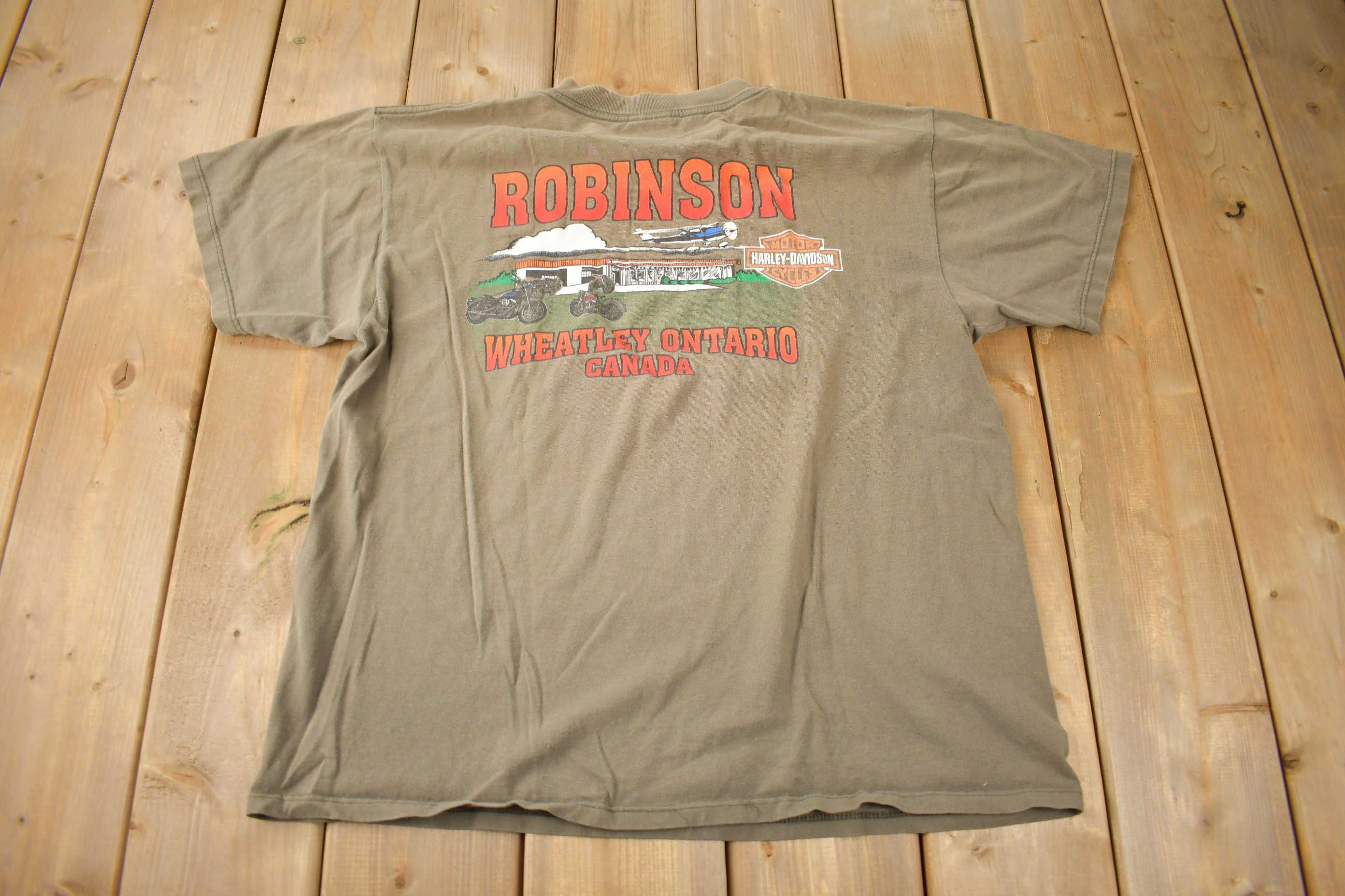 Vintage 1990s Robinson Harley Davidson Wheatley Ontario Single Stitch Graphic T-Shirt Made In Canada