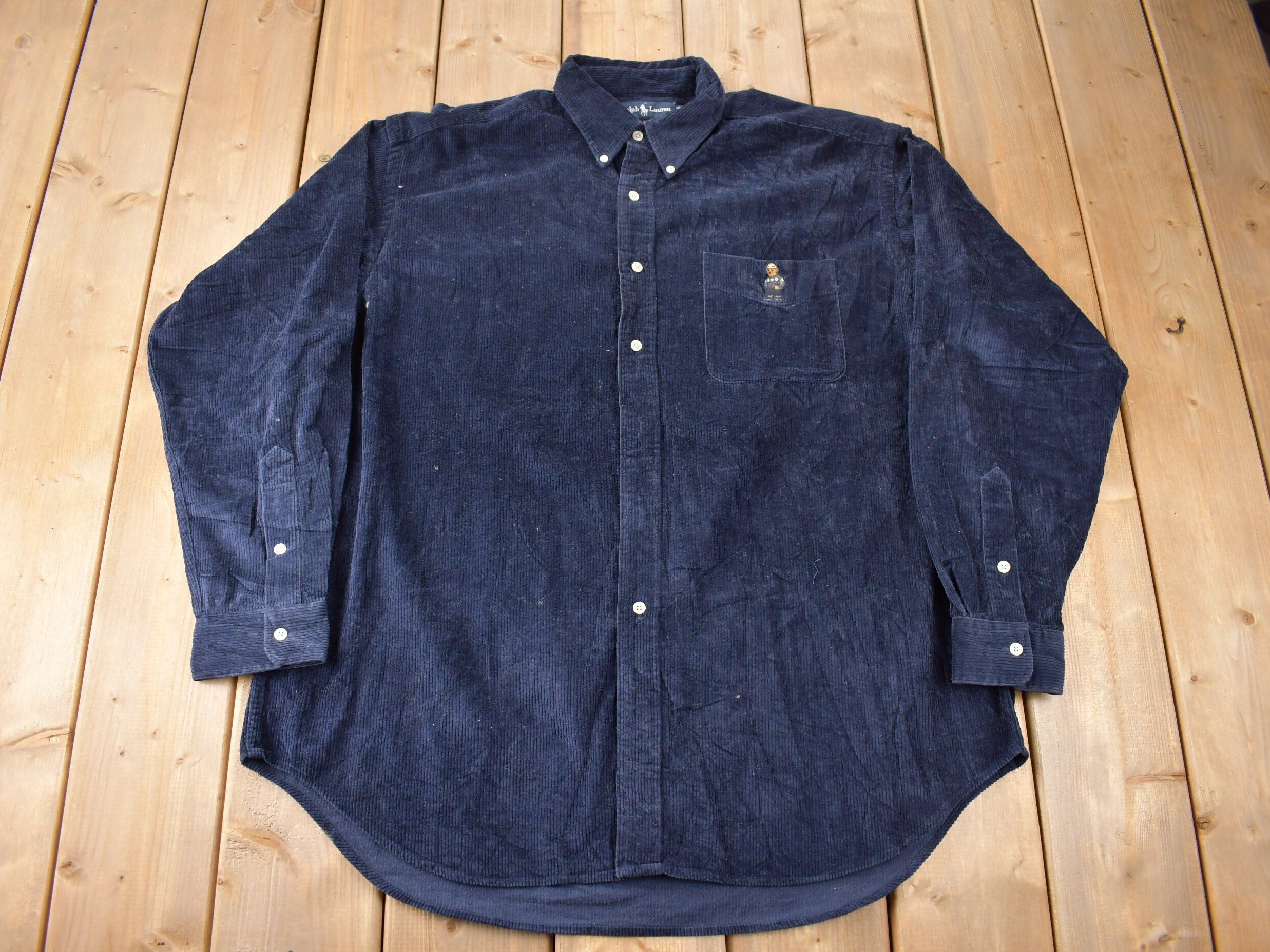 Vintage 1990s Polo By Ralph Lauren Embroidered Ski Bear Corduroy Button Up Shirt