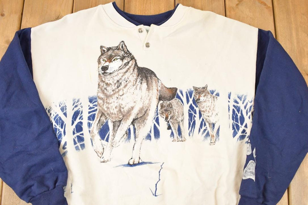 Vintage 1990s Artisans Large Wolf Graphic Print Button Up AOP Crewneck Sweatshirt Mens L