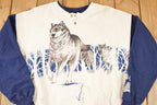 Vintage 1990s Artisans Large Wolf Graphic Print Button Up AOP Crewneck Sweatshirt Mens L