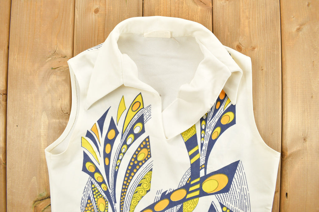 Vintage 1970s Abstract Print Sleeveless Tunic Blouse
