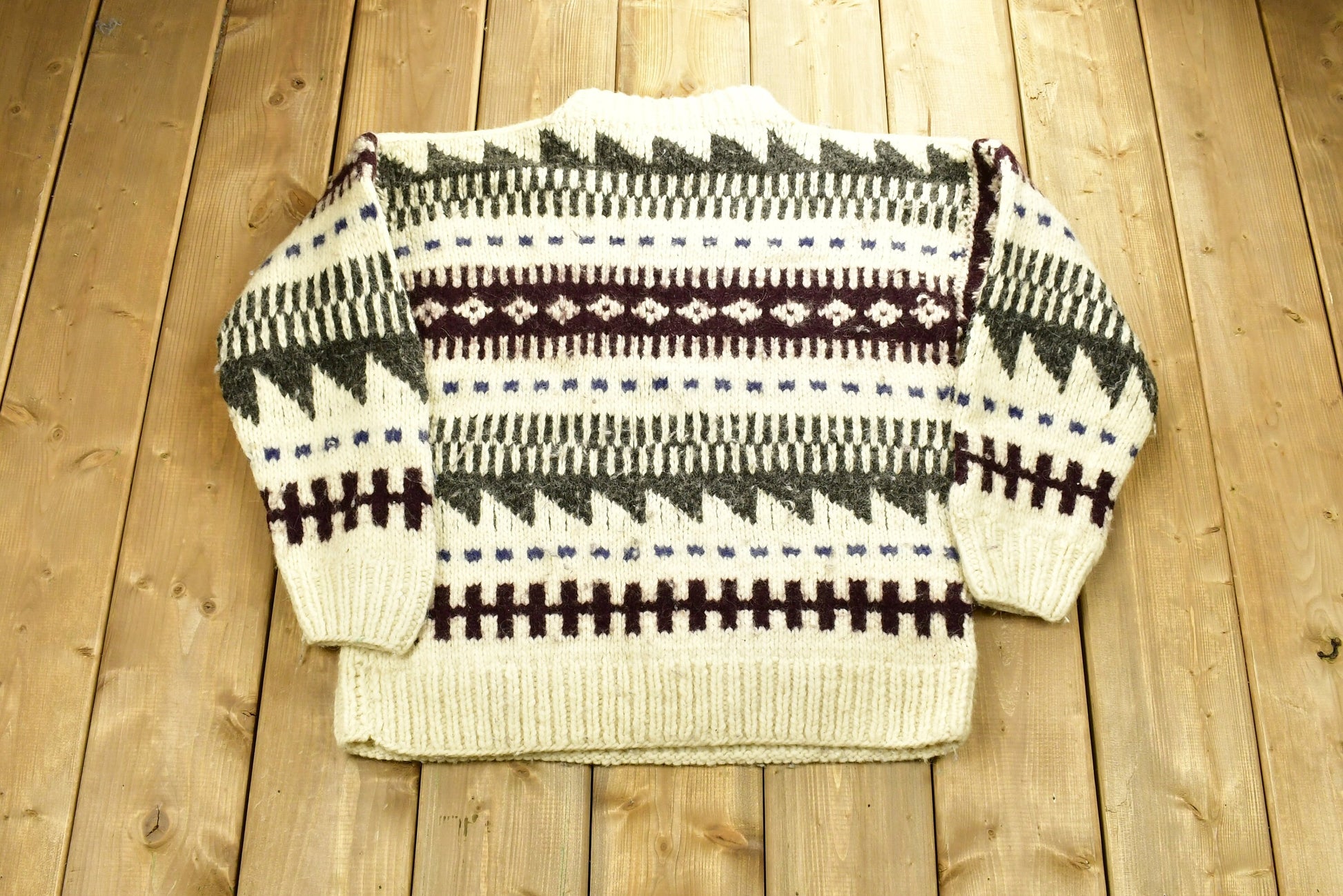 Vintage 1990's Abstract Knitted Sweater / Vintage 90s Crewneck / Pattern Sweater / Outdoor / Hand Knit / Pullover Sweatshirt