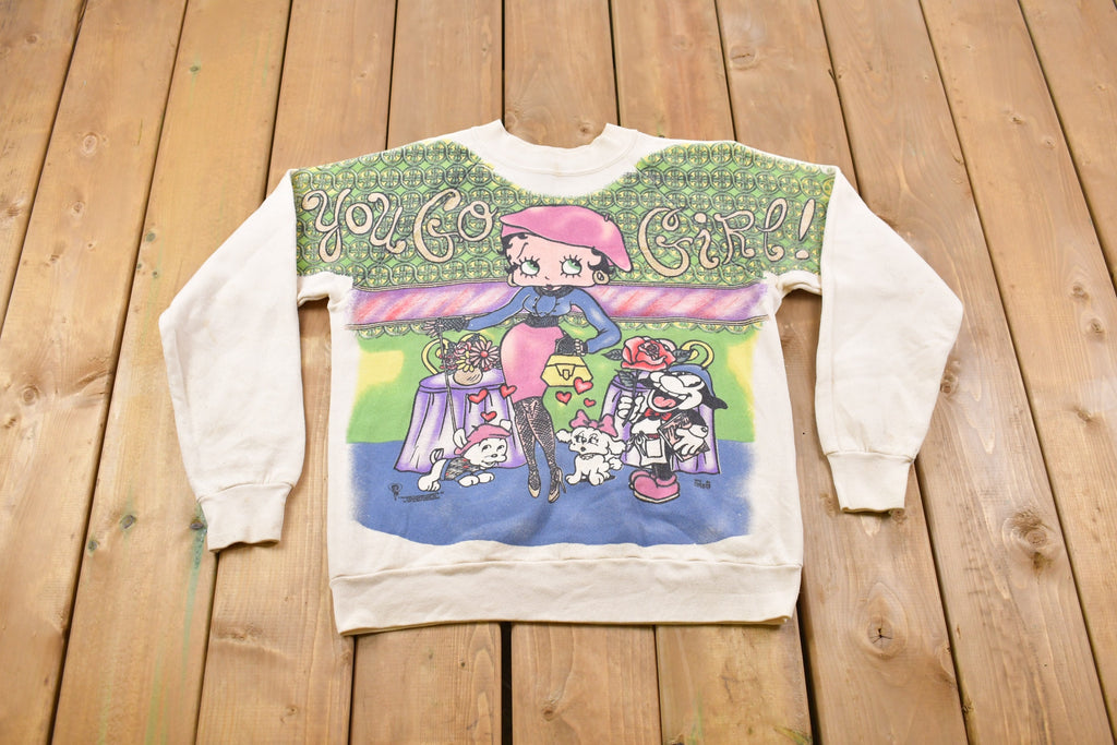 Vintage 1990s Betty Boop " You Go Girl" All Over Print Crewneck Sweatshirt Made in USA / 90s Crewneck / Rare Vintage Fruit Of The Loom