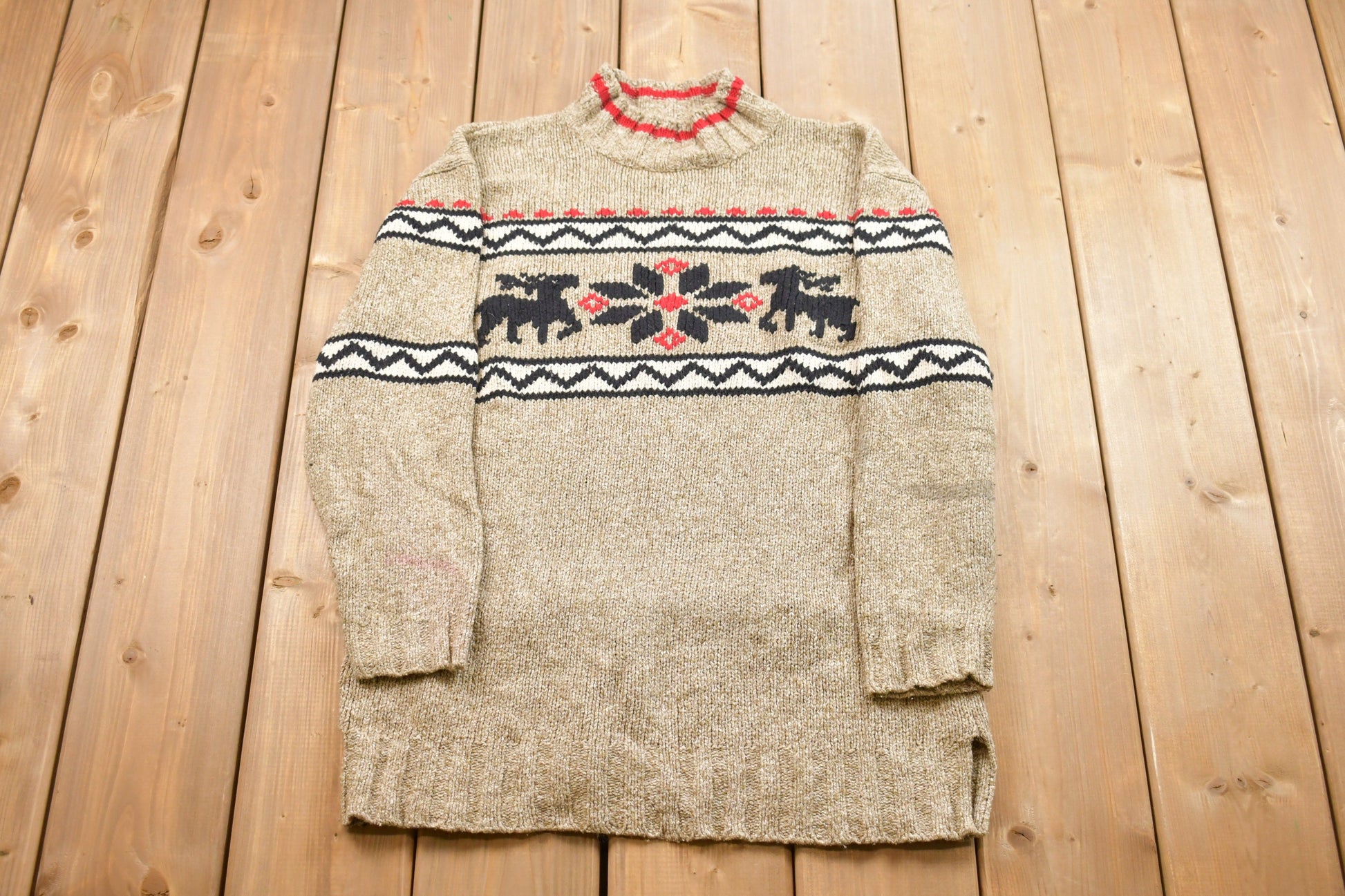 Vintage 1990s Knitted Moose Sweater / Vintage 90s Crewneck / Pattern Sweater / Outdoor / Pullover Sweatshirt