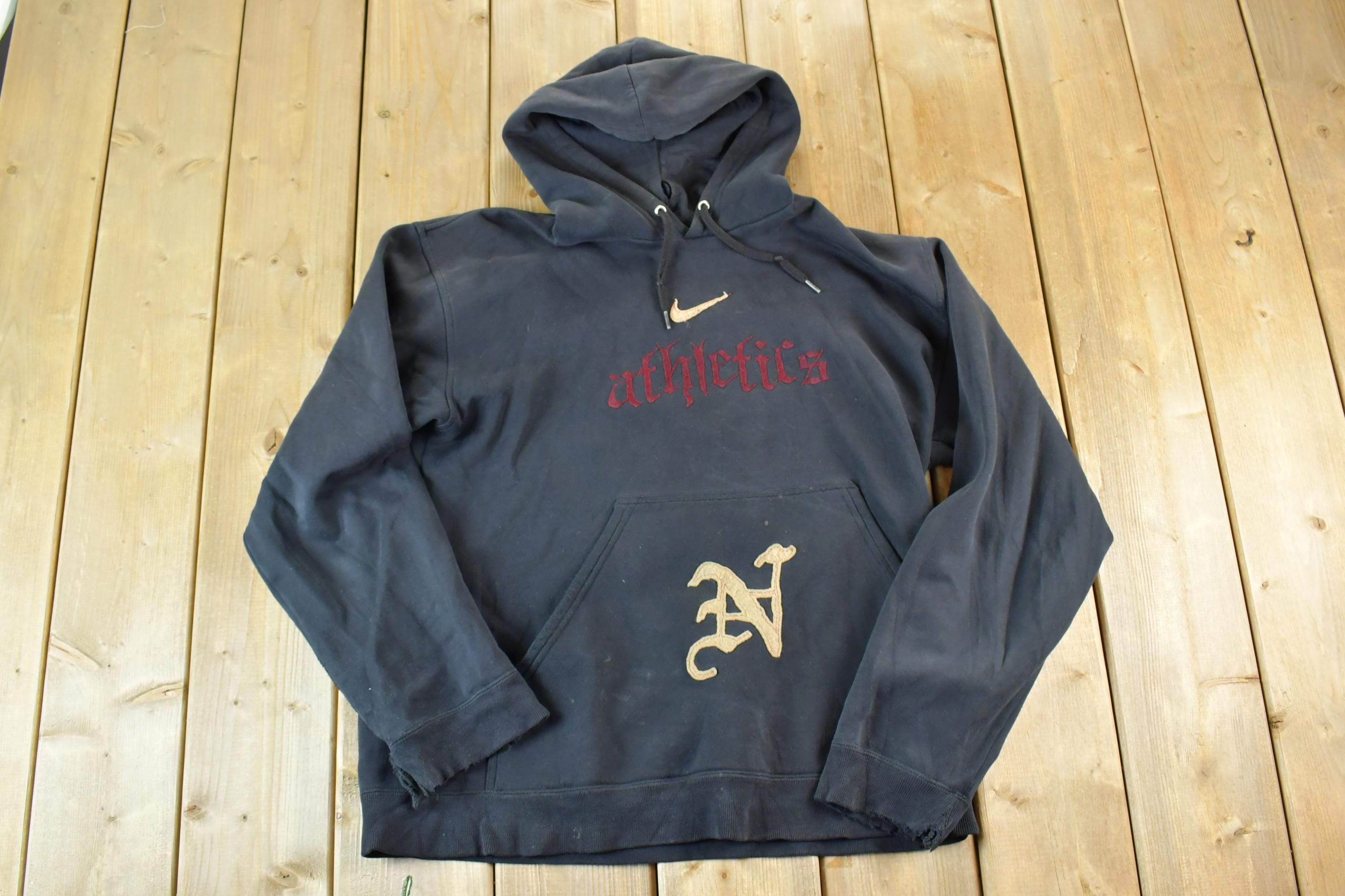 Vintage 1990s Nike Athletics Embroidered Gothic Swoosh Hoodie Sweatshirt