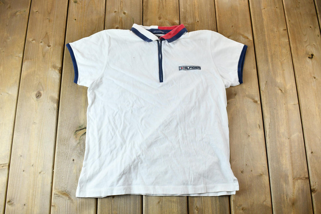 Vintage 1990s Tommy Hilfiger Women's Red White and Blue Zipper Polo Shirt