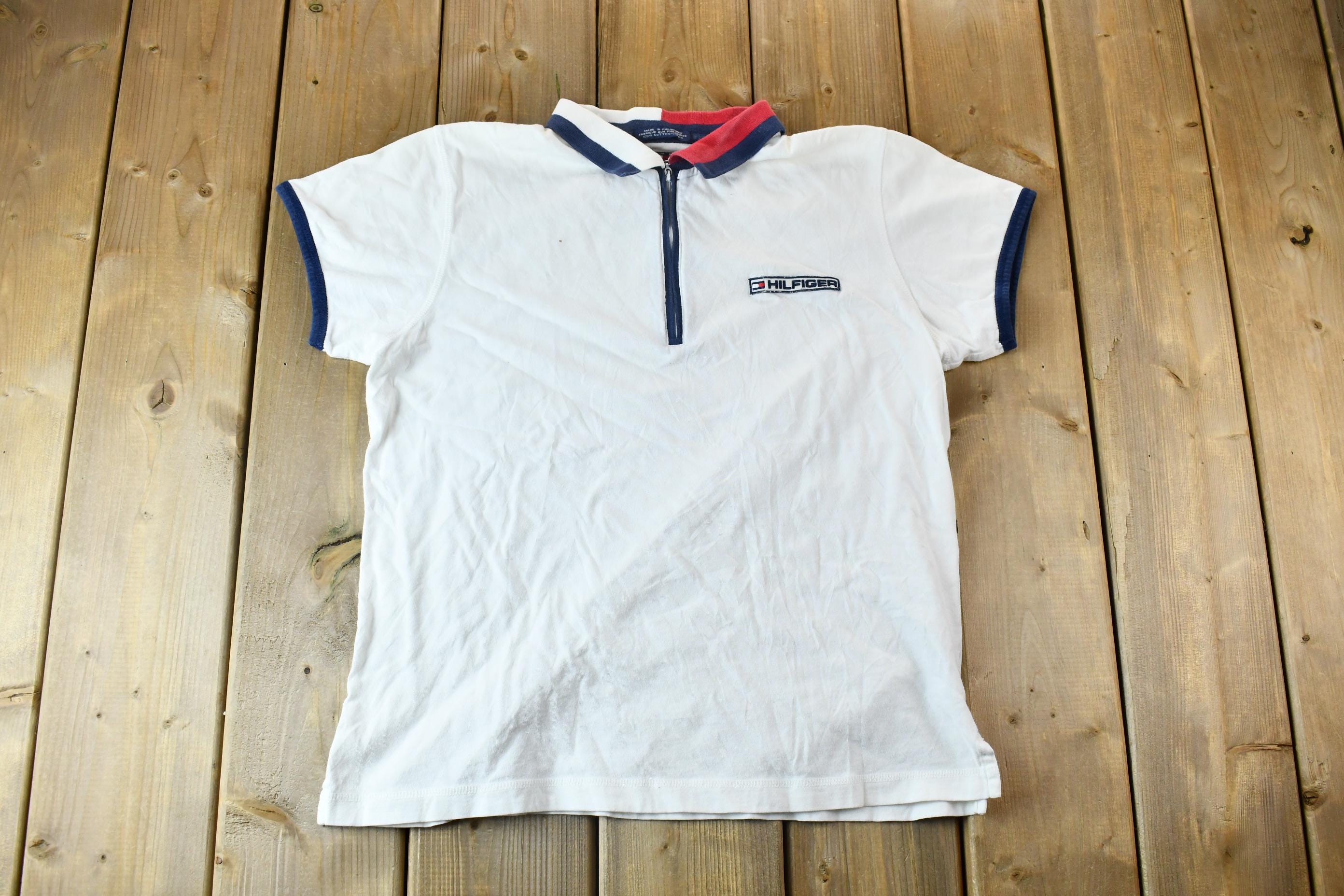 Vintage 1990s Tommy Hilfiger Women's Red White and Blue Zipper Polo Shirt