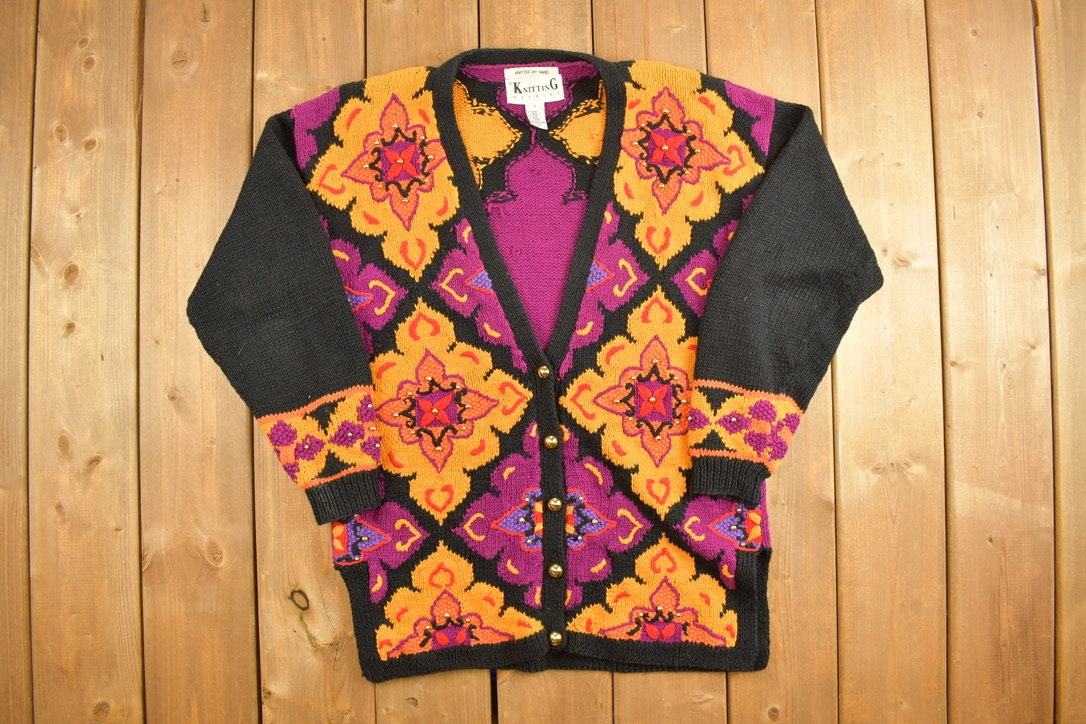 Vintage 1980s Abstract Knitting Needles Cardigan Sweater